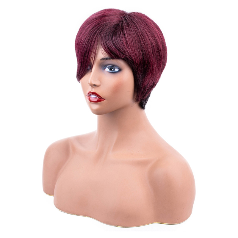 Straight Wine Red Color Machine-made Wig - 图片 4